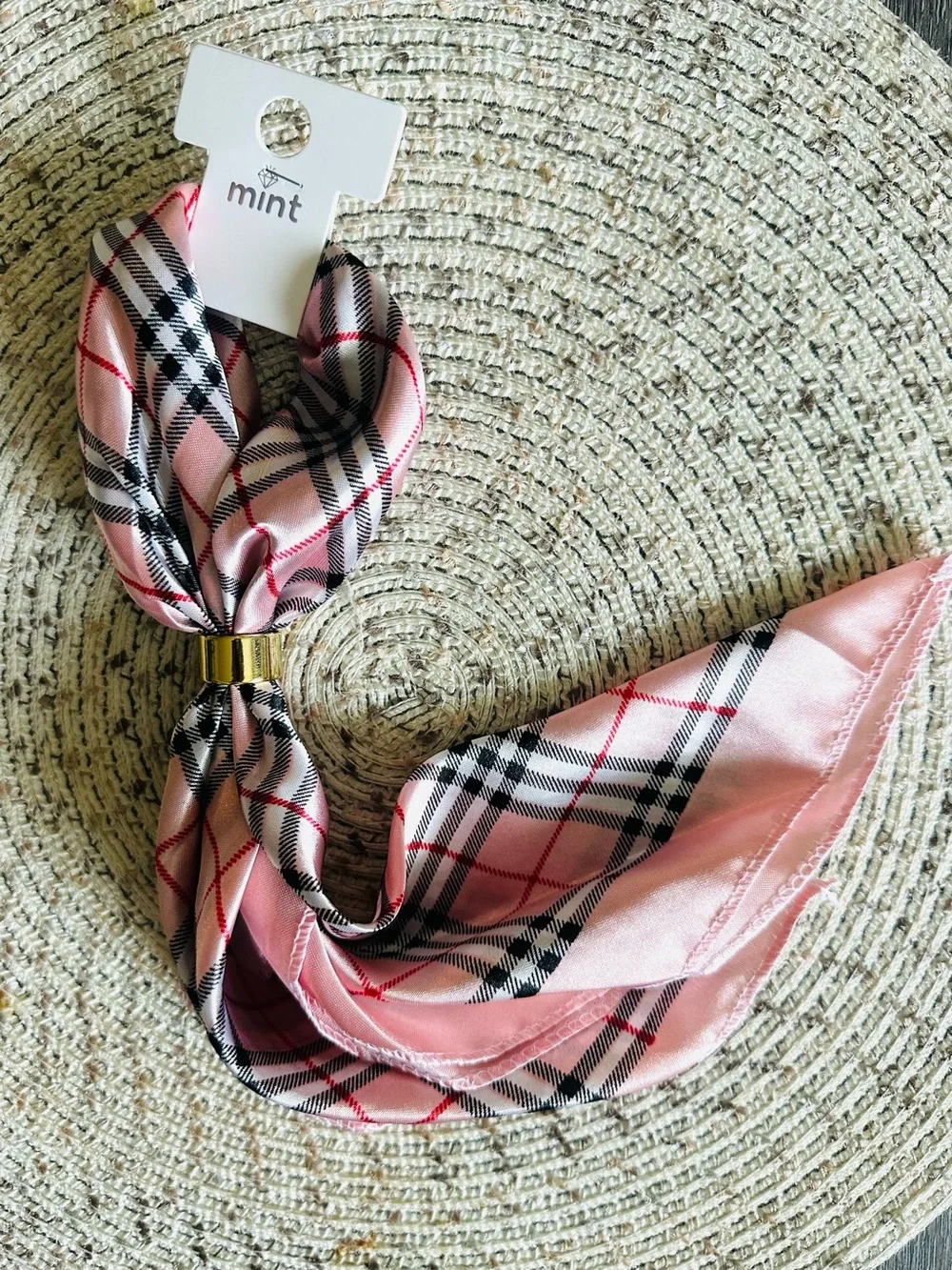 Mint Pink Plaid Scarf &  with Gold-Tone Slider Ring